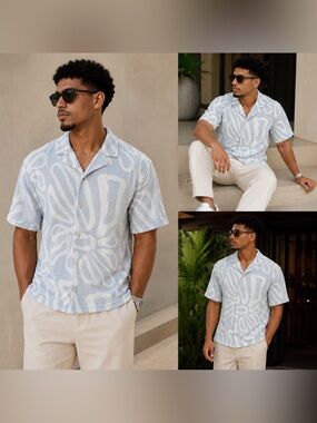 NEW ESCape Men's Sky Blue Knit Breathable Button Down Shirt - M